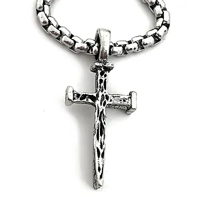 Nail Cross Necklace In Antique Silver (c10hvch) Heavy Stainless Steel Chain NWT • $14.99