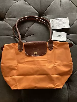 Vintage Longchamp Foldable Tote Bag Purse. Orange. Made In France. Original Card • $315