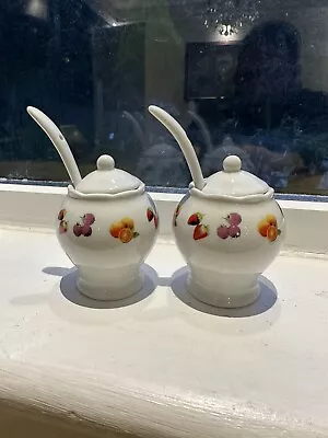 Cute Twin White Ceramic Preserve Pots With Spoons. Fruit Design. VGC. • £9.99