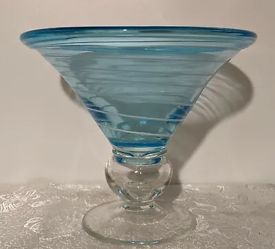 Icy Blue Art Glass 7  Footed Compote Center Piece Decorative Hand Blown Modern • $18