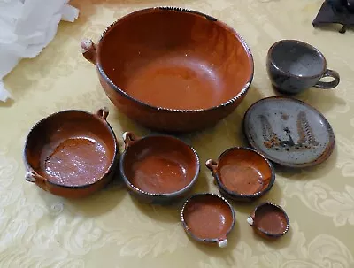 Vintage Set Of 8 Redware Clay Mexican Pottery Nesting Bowls & Tea Cup Set • $35