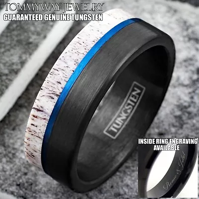 Personalized Black & Blue Tungsten Carbide Men's Ring Deer Antler Wedding Band • $23.99