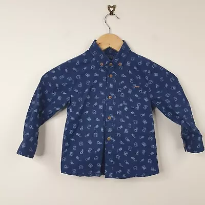 Mayoral Shirt Boys Age 3 Navy Blue Button Down Smart Adventure Pattern Cotton • £4.99