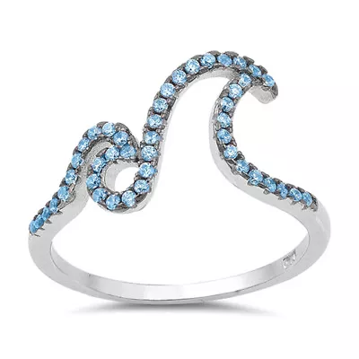 Blue CZ Ocean Wave Micro Pave Ring .925 Sterling Silver Band Sizes 4-10 • $17.59