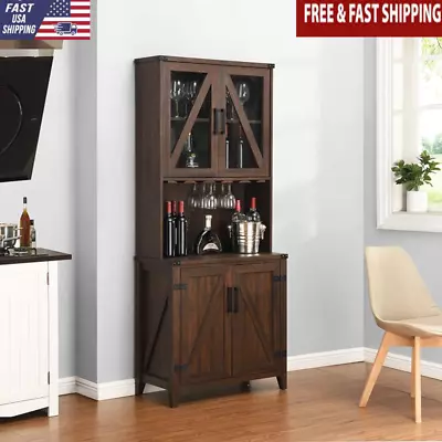 Modern Mahogany Bar Cabinet W/ Glass Upper Cabinet Adjust Shelf 15.5 X32.5  X72  • $248.38