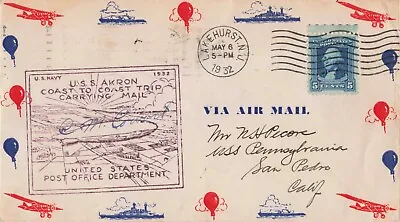 United States 1932 USS Akron Airship Bud Cowart Signed Cover To USS Pennsylvania • $64.99
