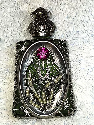Vintage Czech Silver Filigree Frost Green Glass Rhinestone 2.75  Perfume Bottle • $24.95