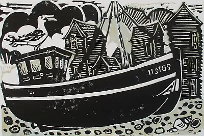 Net Shops Hastings Sussex Original Hand Pressed Linocut Print Ltd Edition • £9