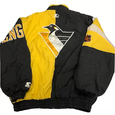 Vtg 1990s Pittsburgh Penguins NHL Hockey Starter Puffer Jacket Coat Medium M • $89.99