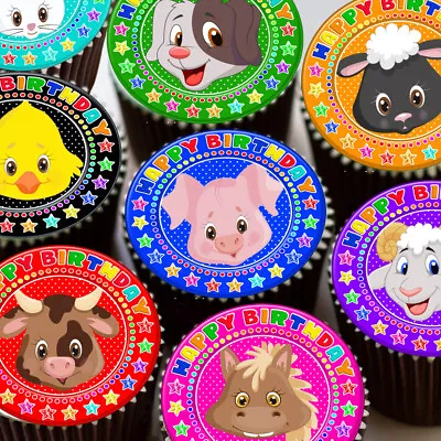 Farm Yard Animals Mixed Happy Birthday Edible Cupcake Topper Decorations • £2.99