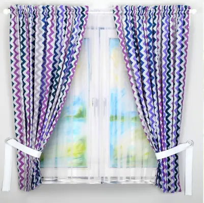 2pc BABY BEDROOM CURTAINS CHILDREN ROOM NAVY PURPLE CHEVRON BOY 2 Panels Cotton • £12.99