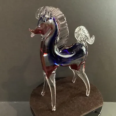 Vintage Murano Glass Horse Clear W/Blue & Burgundy Approx. 19cm Tall • £22