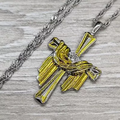 Silver Jesus Cross Necklace - Gold Robe Crystal Chain Mens Womens Jewellery Gift • £4.79