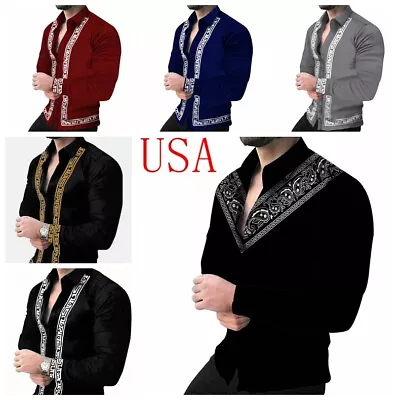 Button Up Shirt Men Baroque Fashion Casual Party Long Sleeve Tee Classic Dress T • $29.86