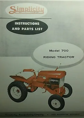 $145.72 • Buy Simplicity 700 Riding Lawn Garden Tractor & Implements Owner & Parts Manual 1959