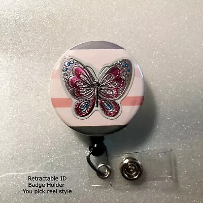 FOIL BUTTERFLY On Gray Pink Fun For Spring Summer ~ Retractable ID Badge Reel • $9.38