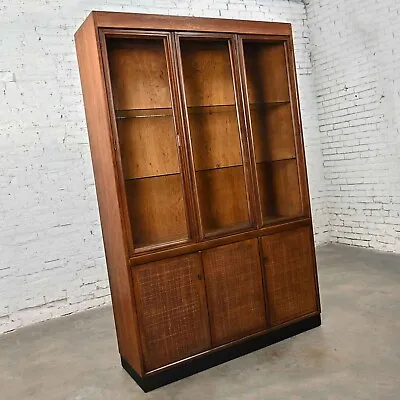 Vintage MCM 1 Piece Walnut & Radio Weave Cane Front Lighted China Cabinet • $2995