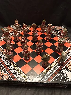 Vintage Folding Chess Set Aztec Mayan/Spanish Conquistadors~Wood & Ceramic • $52