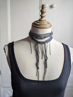 Chan Luu Skinny Fringed Scarf Choker Necklace Dark Grey • £35