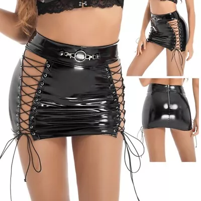 Women's Latex Hollow Out Lace-up Mini Skirt Gothic Wetlook Leather Pencil Skirt • $23.21