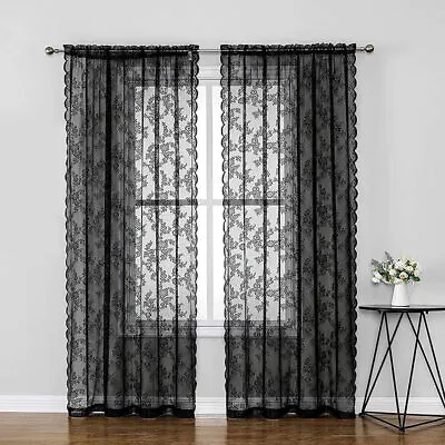 Black Vintage Floral Sheer Lace Window Curtain Drapes Living Room Rod Pocket • $26.72