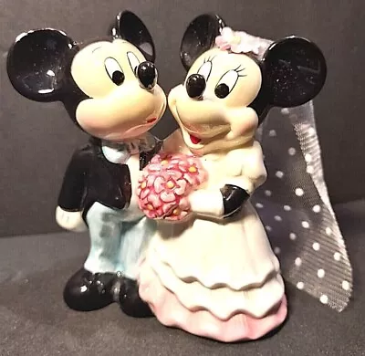Mickey & Minnie Mouse Wedding Figures Cake Topper Lace Veil Pink Flowers • $19.99