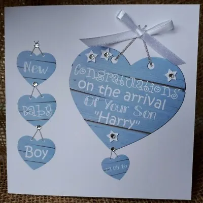 Personalised Handmade New Baby Boy Blue Wood Hearts Card To Parents Grandparents • £3.50