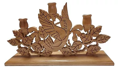 Handcrafted Solid Oak Wood Candelabra Humingbird Flower Design Artist Signed  • $24