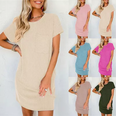 UK Women Pullover Mini Dress Summer Loose Pocket Plain Sundress Crew Neck Casual • £12.49