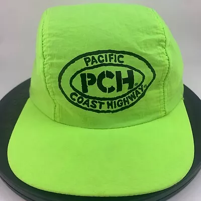 Vtg Cycling Hat PCH Pacific Coast Highway Neon Green Dad Cap 100% Nylon Stretch • $14.95