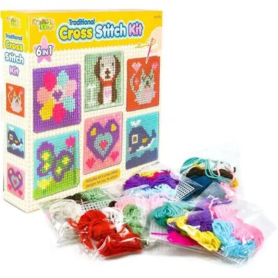 Kids Cross Stitch Kit 6 In 1 Traditional Sewing Kit 6 Children's Designs Tape • £5.29