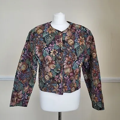 Vintage Tapestry Jacket UK 14 Green Purple Floral Blackheath Golf Button 80s • £16.99