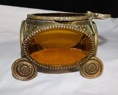 Gold Ormolu Filgree Tea Cart Jewelry Box Beveled Amber Glass Panels • $64.99