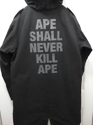 BAPE A BATHING APE Black Long Fishtail Parka L Coat Jacket APE SHALL NEVER KILL • $299