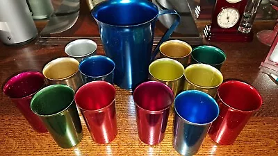 Lot Of Vintage Sunburst 13 Aluminum Drinking Cups And 1 Pitcher 1950's • $95