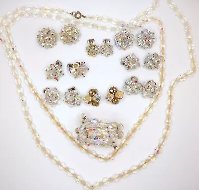 🌺Vintage Lot Of 8 Pair Of AB Crystal Clip Earrings~1 Bracelet~56  Necklace • $0.99