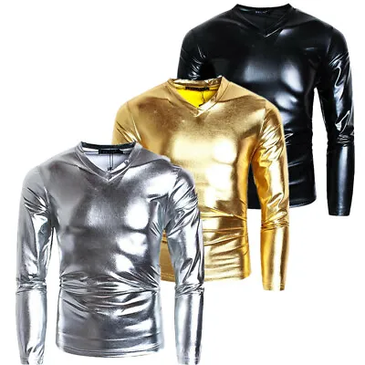 $9.39 • Buy Men Metallic Shiny T-Shirt Tops Tee Nightclub Long Sleeve V Neck Blouse L- 5XL