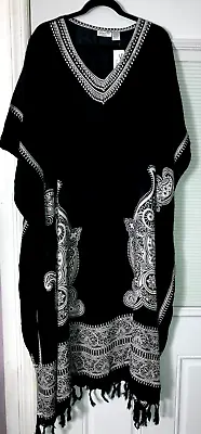 Nwt 100% Rayon Sante Fringes Mumu 2x 3x Kaftan Caftan Dress Black & White Print • $24.99