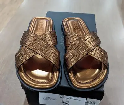 $725 Mens VERSACE La Greca Leather Slides Sandals Copper 44 US 11 • $339.99