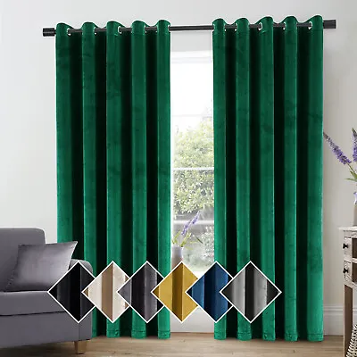 Blackout Crushed Velvet Curtains Eyelet Ring Top Ready Made Lined Pair Curtains • £37.99