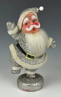 Vintage Dancing Silver Flocked Glitter Metallic Santa Claus Figure • $40