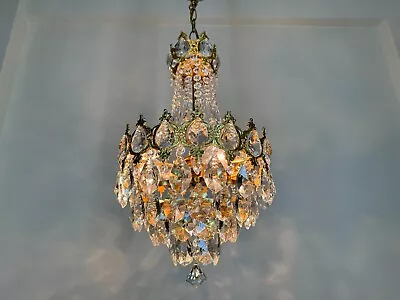 Antique / Vintage Brass & Crystal French Chandelier Lighting Ceiling Lamp Light • $415