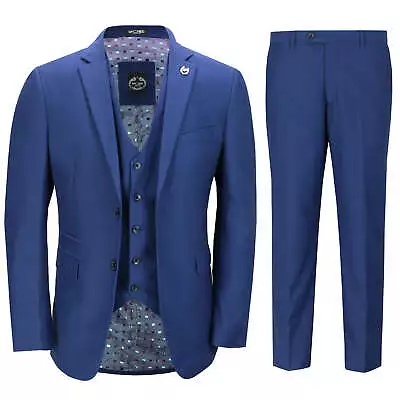 Mens 3 Piece Business Suit Navy Blue Retro Smart Formal Jacket Trouser Waistcoat • £119.99