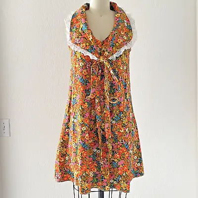 Vintage 60s 70s Mod Psychedelic Floral Neon Sleeveless Mini Dress Small 4 Boho • $69.35