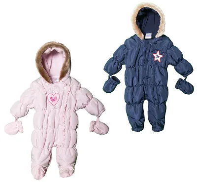 Newborn Baby Boy Girl Winter SnowSuit Fur Hooded Pram Suit With Mittens 0-6m UK • £8.99