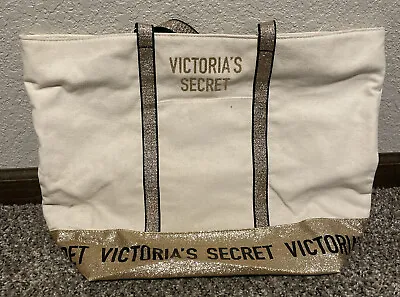 Victoria's Secret Beige Canvas Zipper Gold Sparkle Glitter Tote Bag Purse Zip Up • $19.99