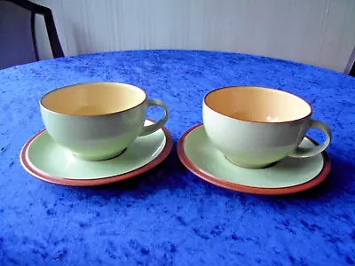 DENBY - 2 X LARGE  BREAKFAST/CAPPUCCINO CUPS & SAUCERS - LIME GREEN - Used • £10.95