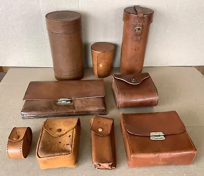 LOT 9 Vintage/antique LEATHER Cases - Map Thermos Cup Ammo Lens Etc • $29