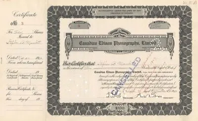 Canadian Edison Phonographs Limited Signed By Thos. A. Edison - Stock Certifica • $2020