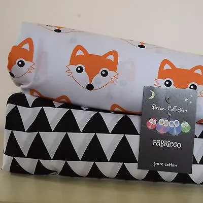 Cot Bed Fitted Sheet 100% COTTON Black White FOX TRIANGLE 120 X 60 CM 140 X 70CM • £17